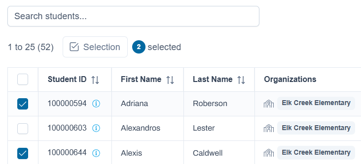 List of students with some selected.