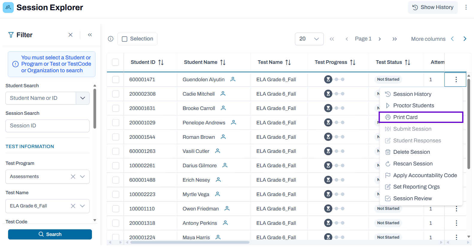 &nbsp;Session Explorer page showing print card option in actions dropdown menu.