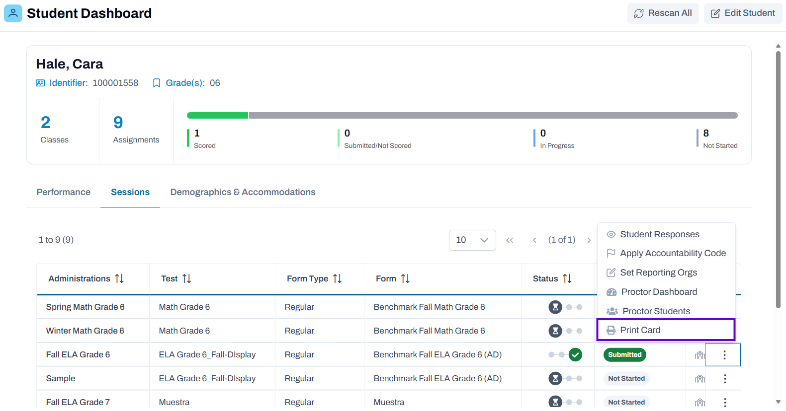 Student Dashboard showing print card option in actions menu dropdown.