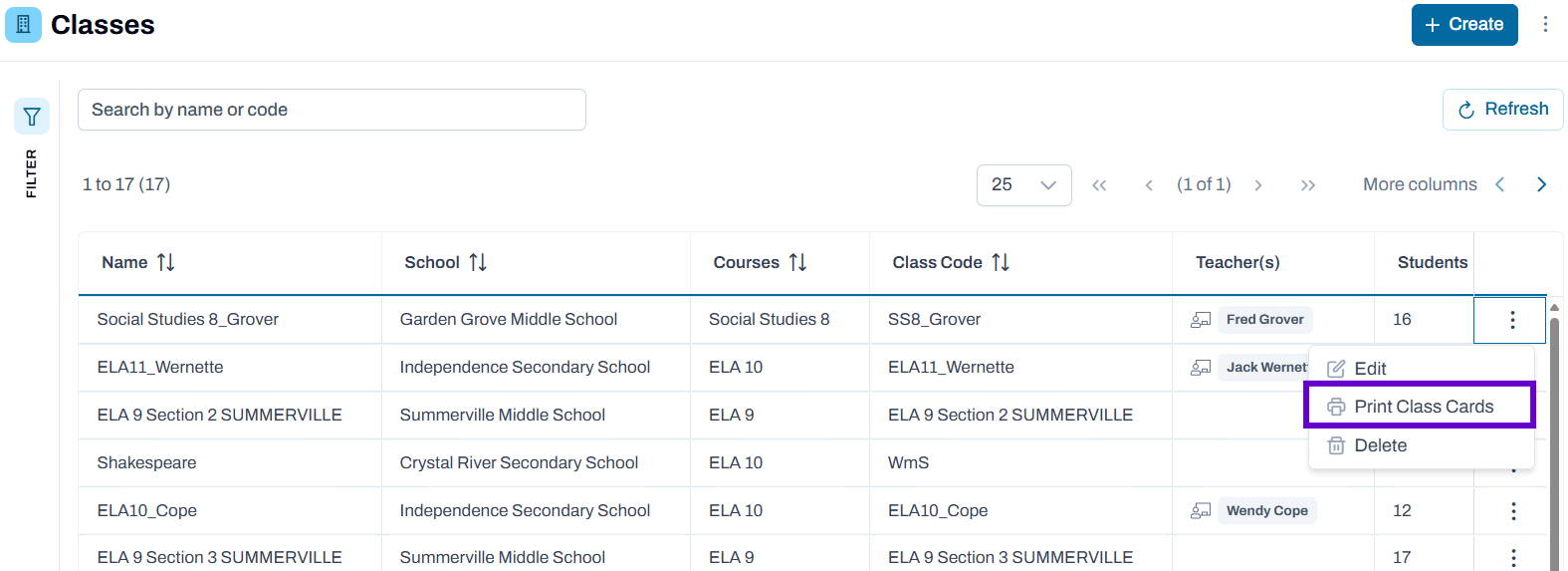 Print option highlighted in the actions dropdown on the Classes page.