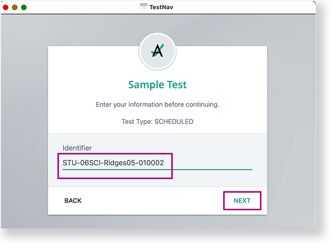 Screen highlighting where to enter identifier