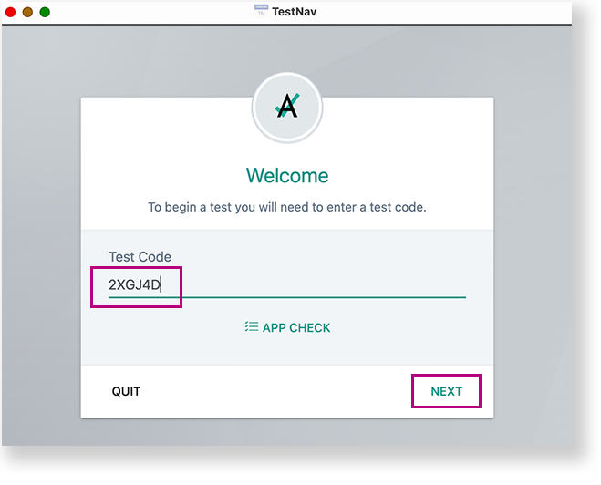 Welcome screen showing where to enter test code