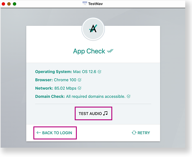 App check page with Test Audio and Back links highlighted