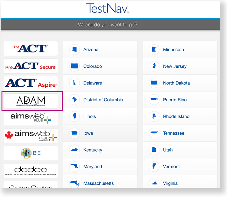 TestNav select program screen