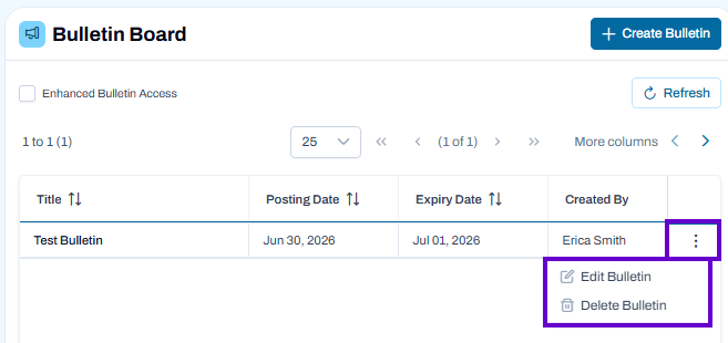 Bulletin Board with one record and actions menu open showing edit and delete options.