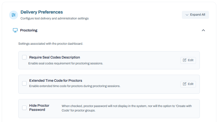 Delivery Preferences page with Proctoring section expanded; configure proctoring options including seal codes, extended time codes, and passwords.