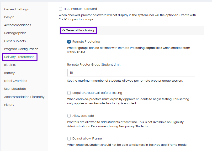 General Proctoring settings available; configure remote testing, group limits, instructions, and TestNav return options.