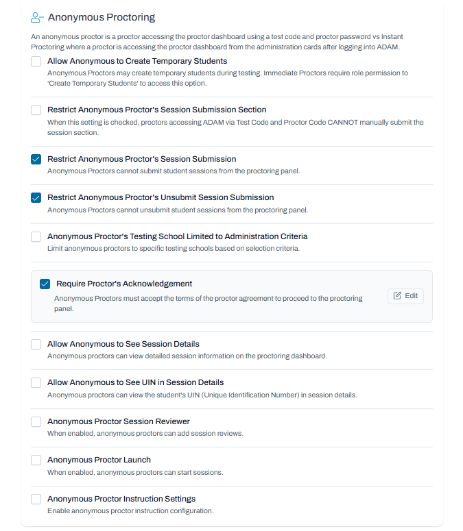 Anonymous Proctoring settings; configure temporary students, session permissions, visibility, acknowledgements, and anonymous proctor access.