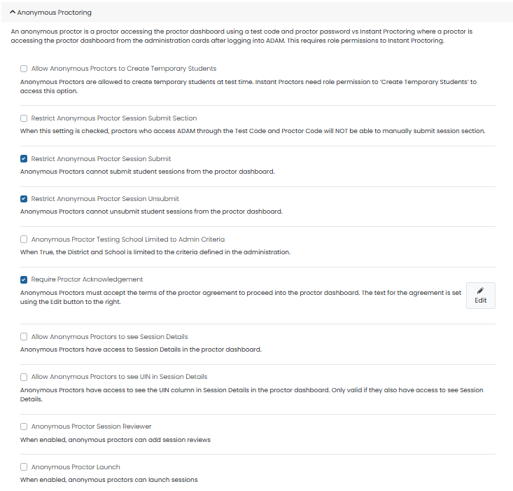Anonymous Proctoring settings; configure temporary students, session permissions, visibility, acknowledgements, and anonymous proctor access.
