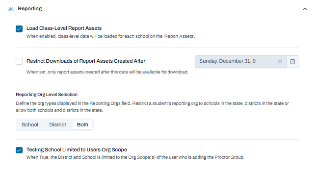 Reporting settings with all download and school-scope restrictions disabled; both school and district reporting levels selected.
