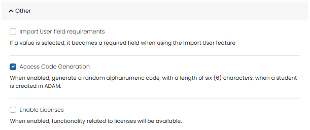 Other settings with user import requirements, access codes, claim codes, and licenses options all disabled.