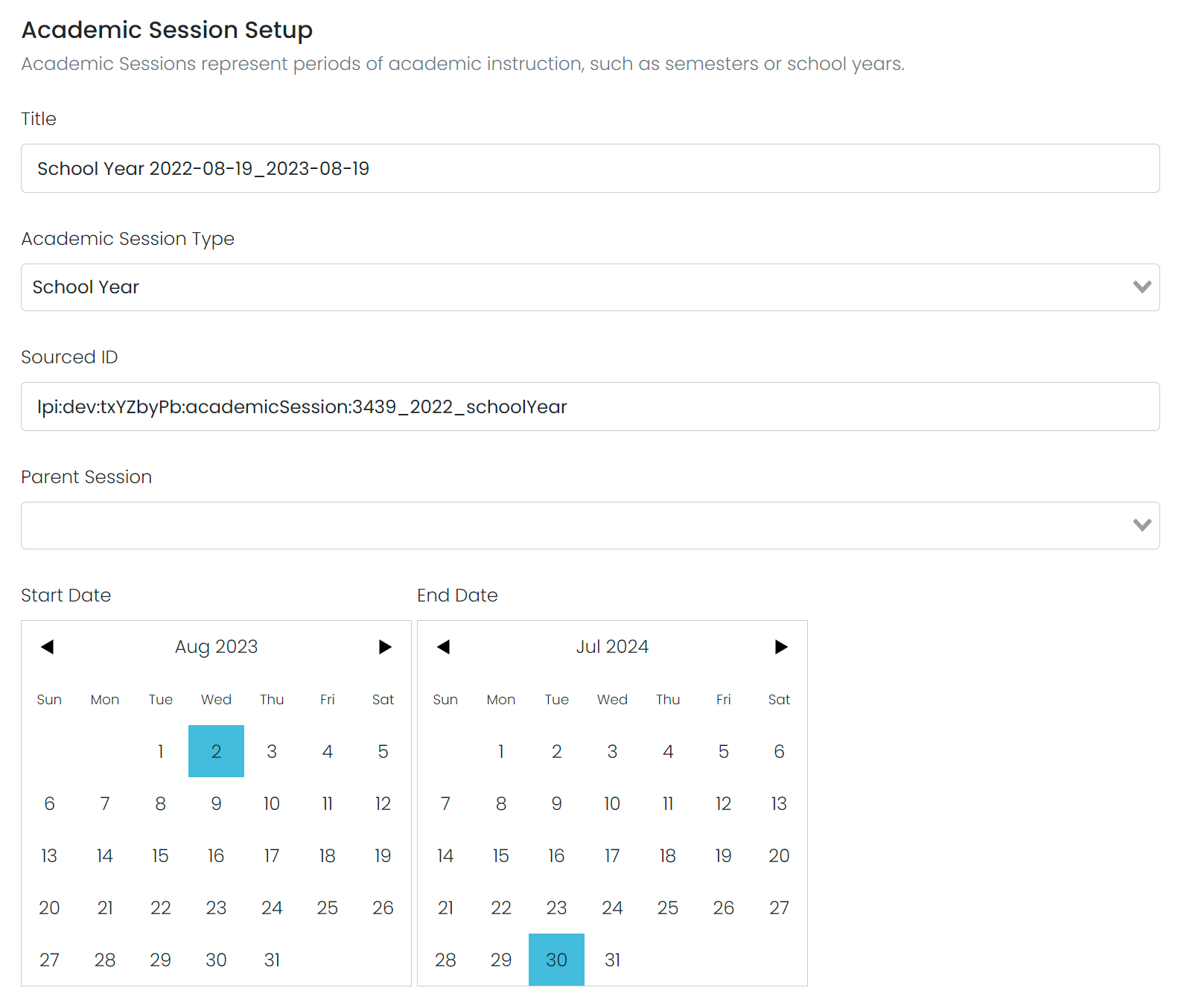 Academic Session Setup page