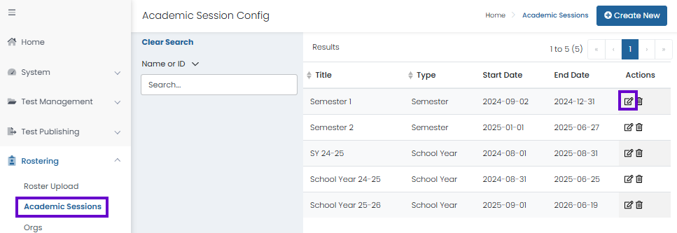 Academic Sessions page showing session list with search enabled and open actions menu for editing or deleting sessions.