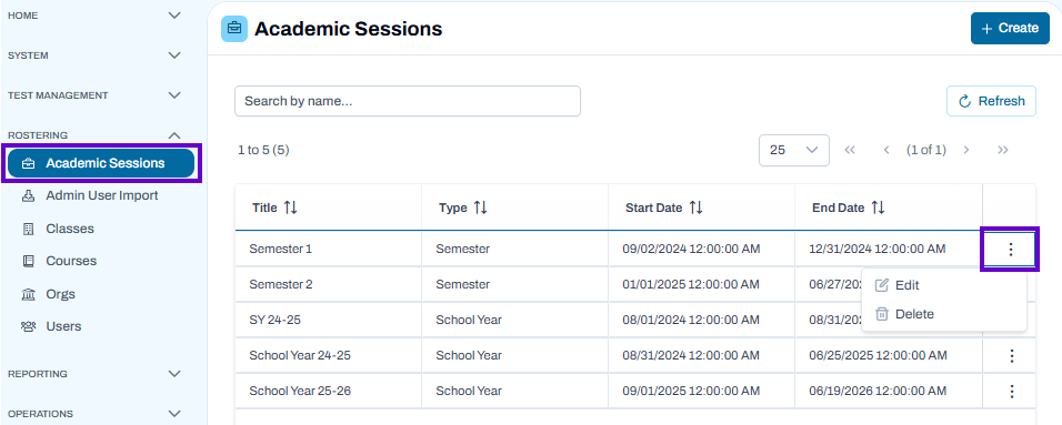 Academic Sessions page showing session list with search enabled and open actions menu for editing or deleting sessions.