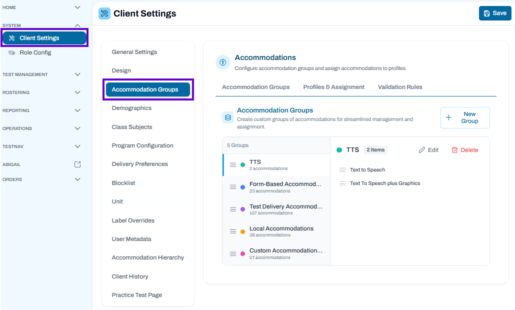 Client Settings Accommodations page with Accommodations selected; configure accommodation options and limited-editing permissions, then submit changes.