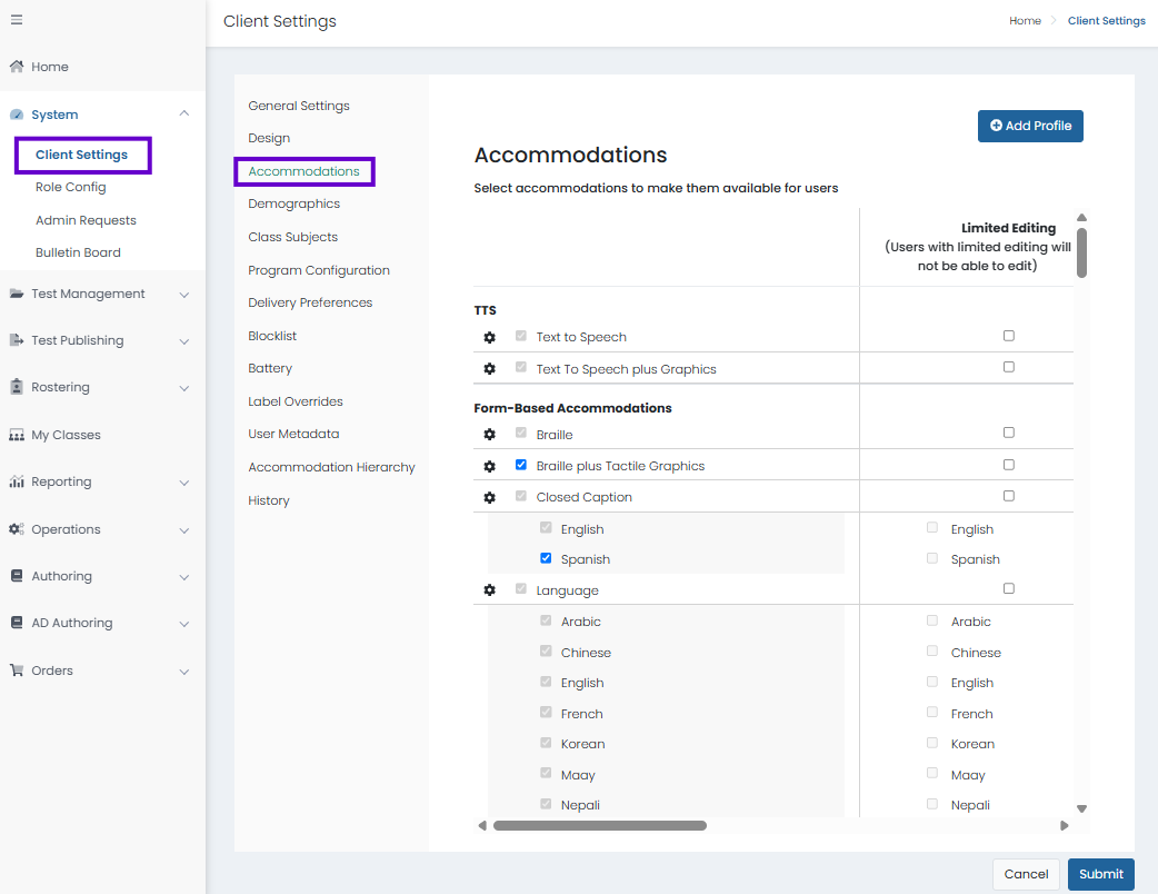 Client Settings Accommodations page with Accommodations selected; configure accommodation options and limited-editing permissions, then submit changes.