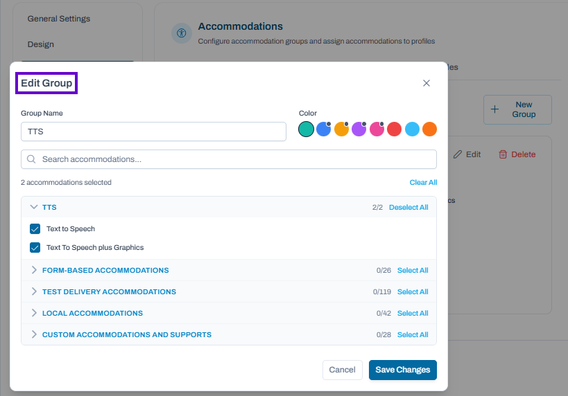 Edit Group dialog open; TTS group selected with two accommodations enabled, options to modify selections and save changes.