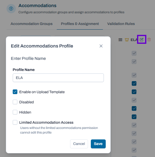 Edit Accommodation Profile dialog open; update profile settings, visibility, permissions, and upload template availability.
