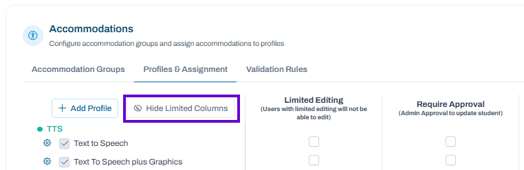 Profiles & Assignment tab selected; limited columns shown with restricted editing and approval settings available for configuration.