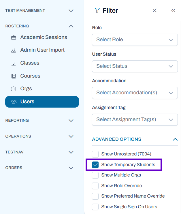 Show Temporary Students filter option.