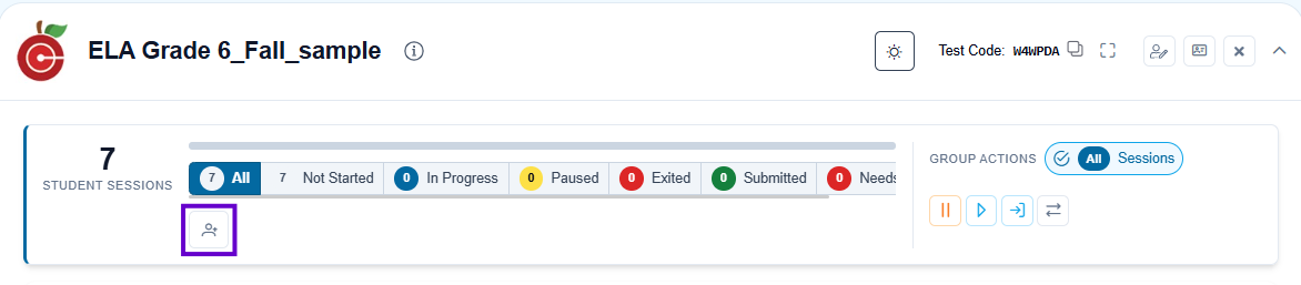 Proctor Dashboard showing student session counts with student management button available for proctor group actions.