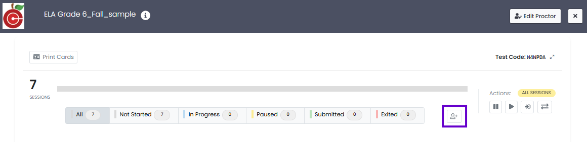 Proctor Dashboard showing student session counts with student management button available for proctor group actions.