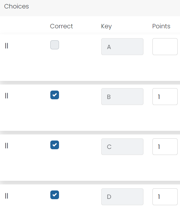 Sample partial scoring setup with each correct answer worth 1