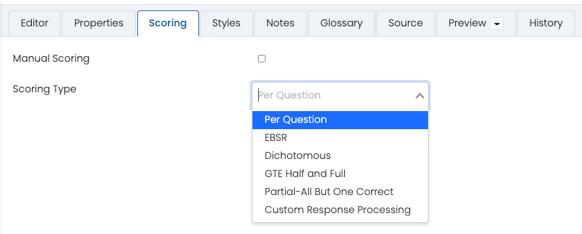 Scoring tab with Manual Scoring Option as well as Scoring Type dropdown. Scoring tab with Manual Scoring Option as well as Scoring Type dropdown.