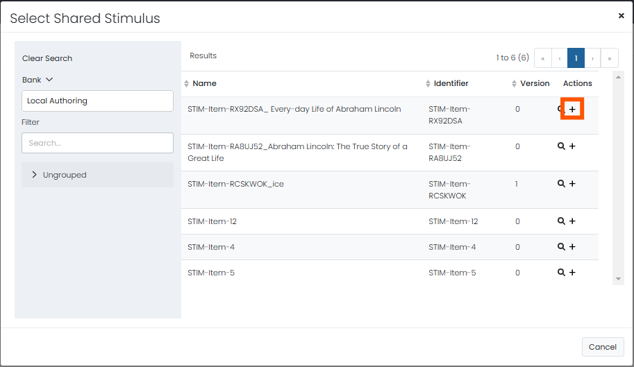 Select Shared Stimulus screen highlighting add button Select Shared Stimulus screen highlighting add button
