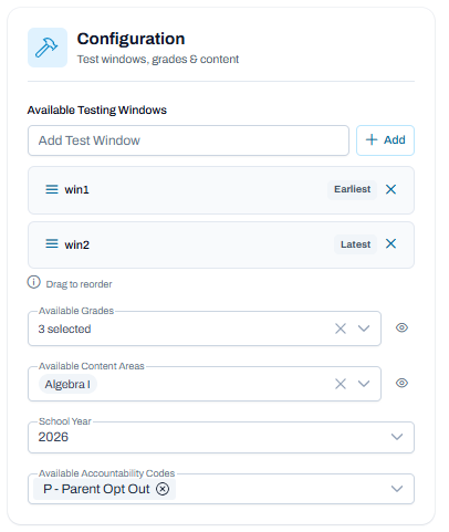 Configuration panel with testing windows listed (earliest/latest), grades selected, and dropdowns for content, year, and codes.