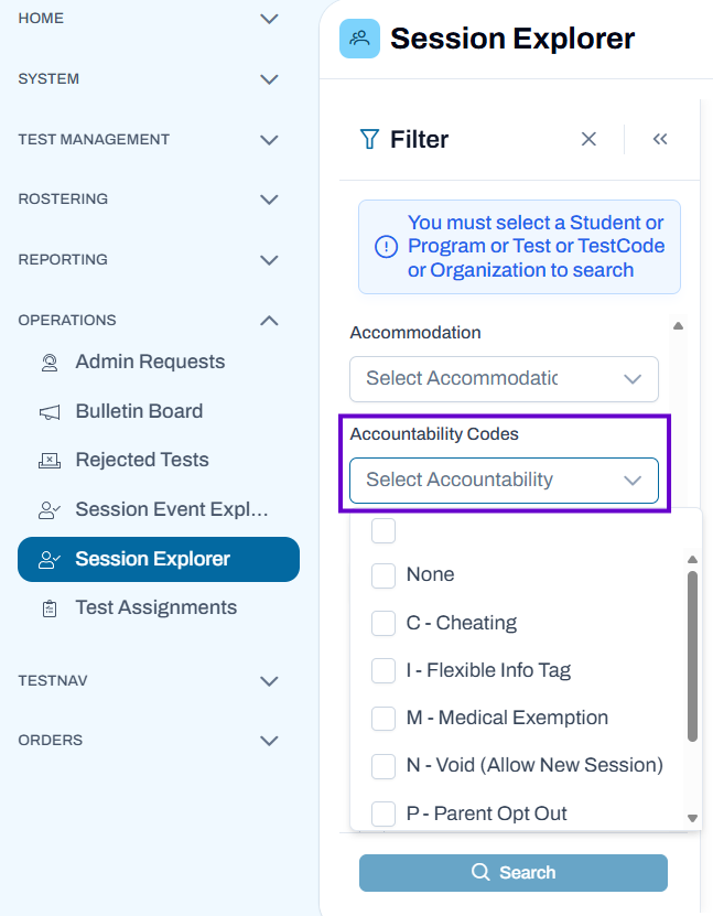 Session Explorer with accountability filters.