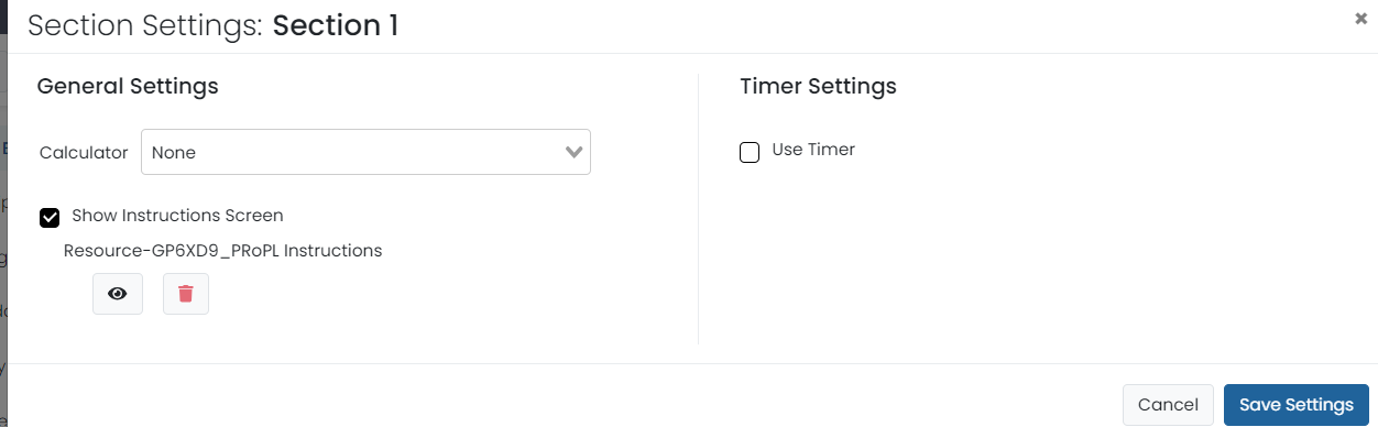 Section Settings screen