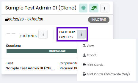 Administration card action menu open with options to view, export, or print cards for an inactive test administration.