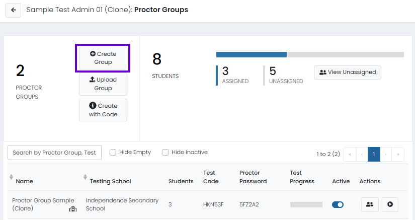 Proctor Groups page showing Create Group option and existing proctor groups with student counts and testing credentials.