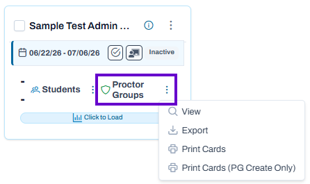 Administration card action menu open with options to view, export, or print cards for an inactive test administration.