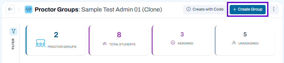 Proctor Groups dashboard with Create Group button and summary counts for groups, students, assigned, and unassigned students.