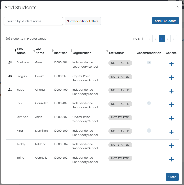 Add Students dialog showing available students and Add 8 Students button to assign selected students to a proctor group.
