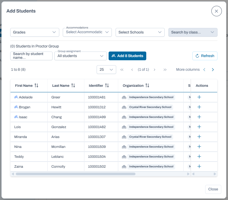 Add Students dialog showing available students and Add 8 Students button to assign selected students to a proctor group.