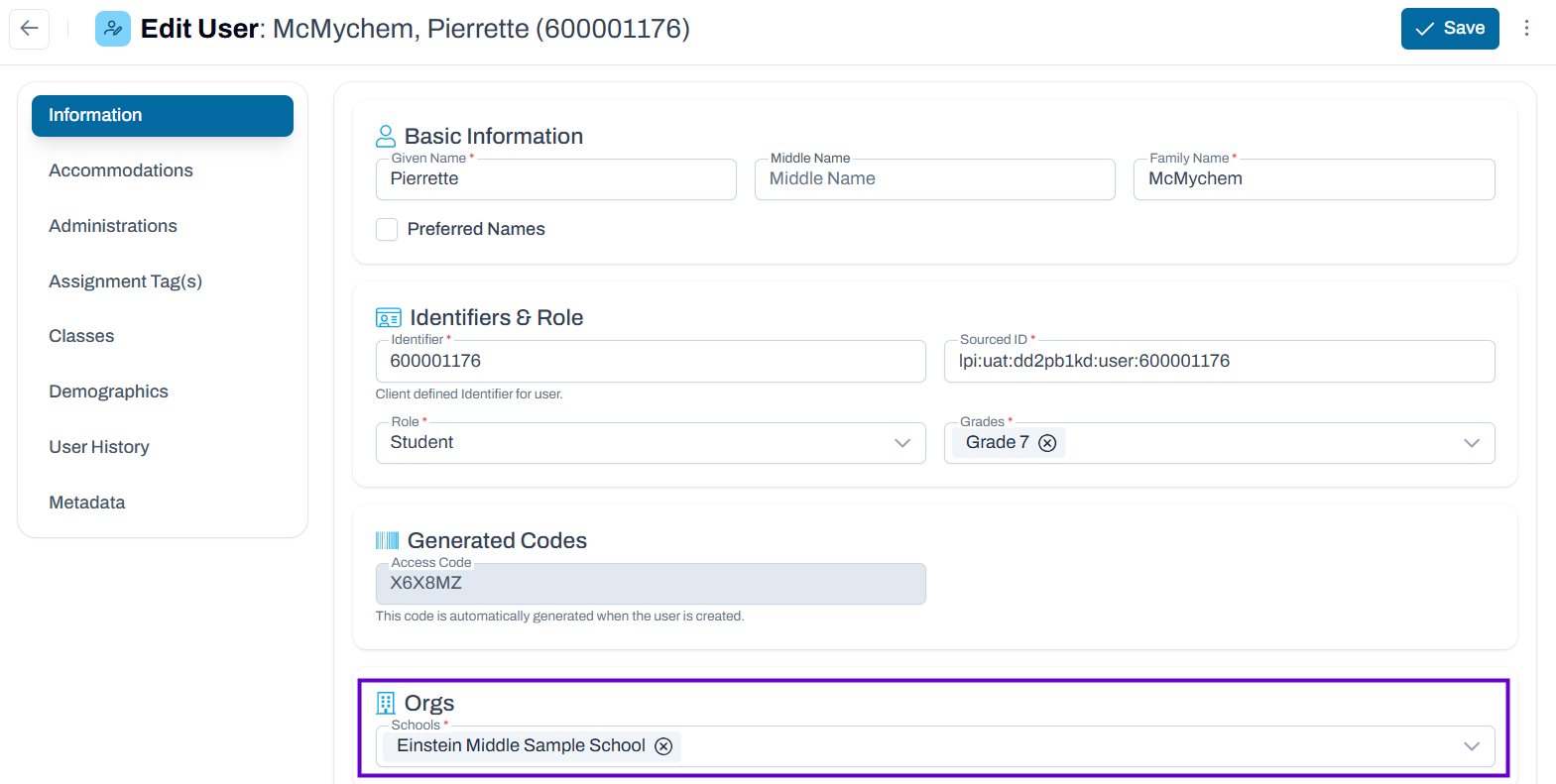 Orgs field highlighted in user information page