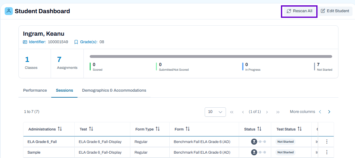 Student Dashboard Sessions tab showing student test assignments, progress status, and Rescan All option for refreshing session data.