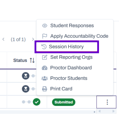 Session History shown in action dropdown menu for a student.