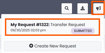 Toolbar with search, downloads, notifications, and language controls; notifications button selected.