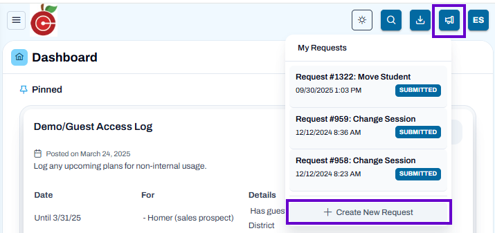 My Requests menu open with submitted requests listed and Create New Request option available.