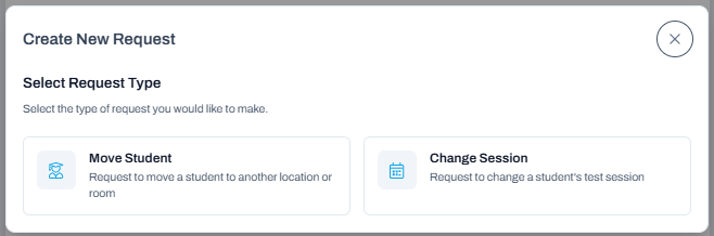Create New Request dialog with request type options for Move Student or Change Session.
