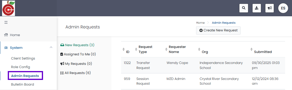 Admin Requests page with New requests tab selected, request list displayed, and Create New Request button available.