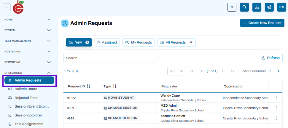 Admin Requests page with New requests tab selected, request list displayed, and Create New Request button available.
