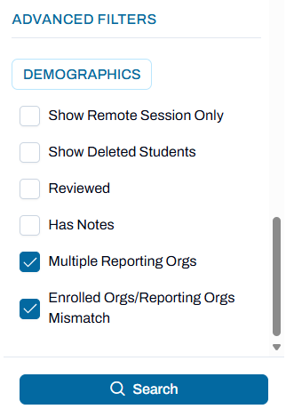 Filter options, Multiple Reporting Orgs and Enrolled Orgs/Reporting Orgs Mismatch highlighted.