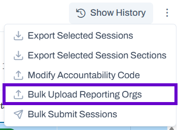 Bulk upload reporting orgs option highlighted in actions dropdown.