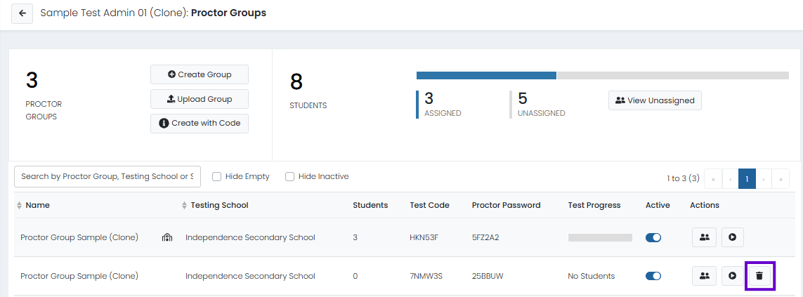 Proctor group actions menu open for an empty group, with options to view students, proctor, or delete.