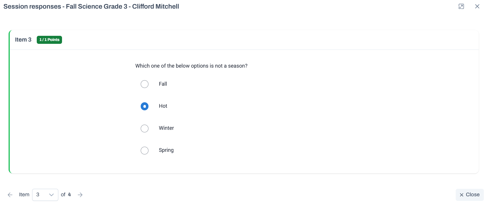 Item popup showing student responses.